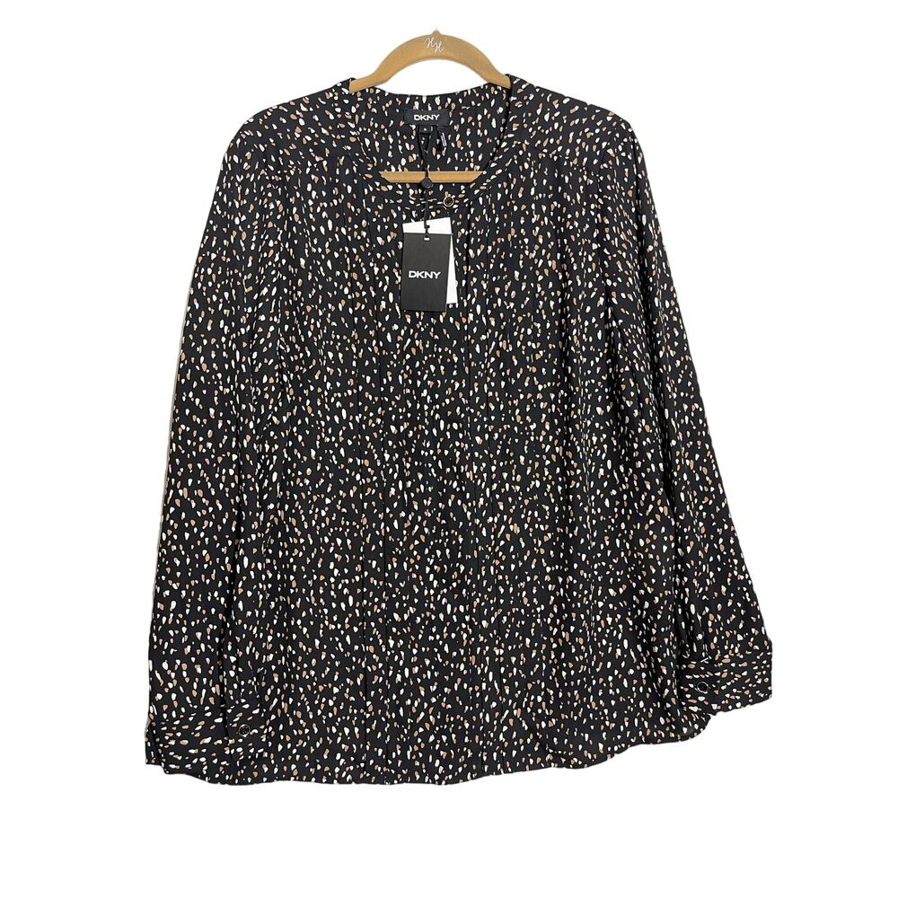 DKNY woman's blouse XL black brown white marks long sleeve 1/2 button front
